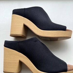 TOMS Black Peep-Toe Florence Mules with Tan Heel. Size 9